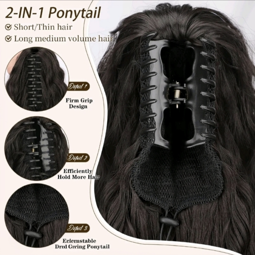 Luxurious Black Wavy Clip On Hair Extension Ponytail - Picture 2 of 5